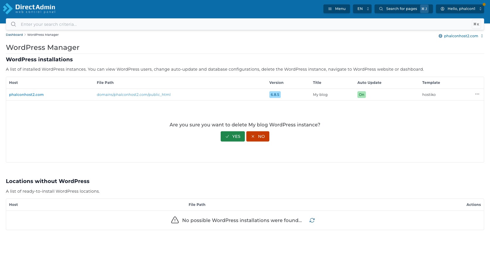 ภาพหน้าจอ Delete WordPress confirmation ใน DirectAdmin พร้อมข้อความ Are you sure you want to delete และปุ่ม Yes No