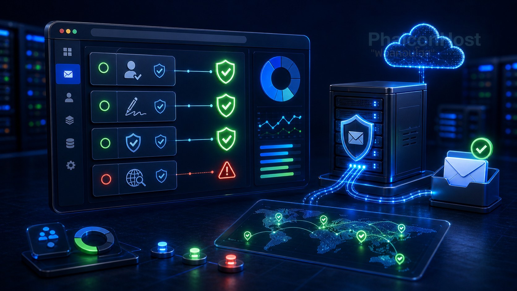 ภาพอธิบายการเปิดและตรวจค่าการยืนยันตัวตนอีเมลใน DirectAdmin และ DNS ของโฮสต์