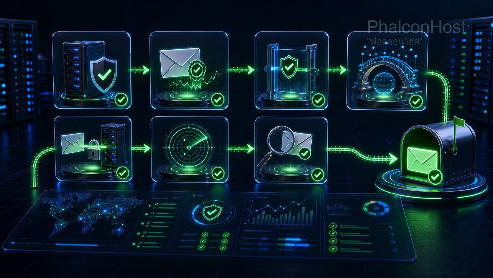 ภาพสรุปองค์ประกอบที่ต้องครบเพื่อให้อีเมลมีโอกาสเข้า Inbox ทั้ง DNS authentication, SMTP, rDNS และ reputation