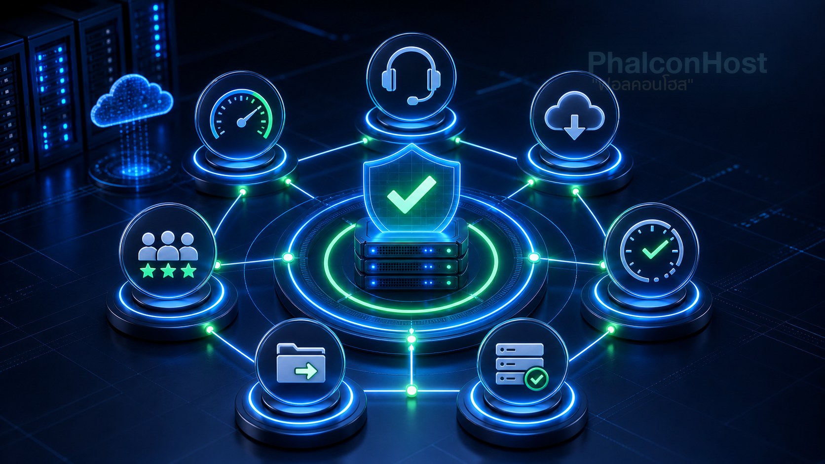 ภาพแดชบอร์ดเช็กเกณฑ์สำคัญก่อนเลือกโฮสต์ เช่น ความเร็ว support backup uptime และการย้ายข้อมูล