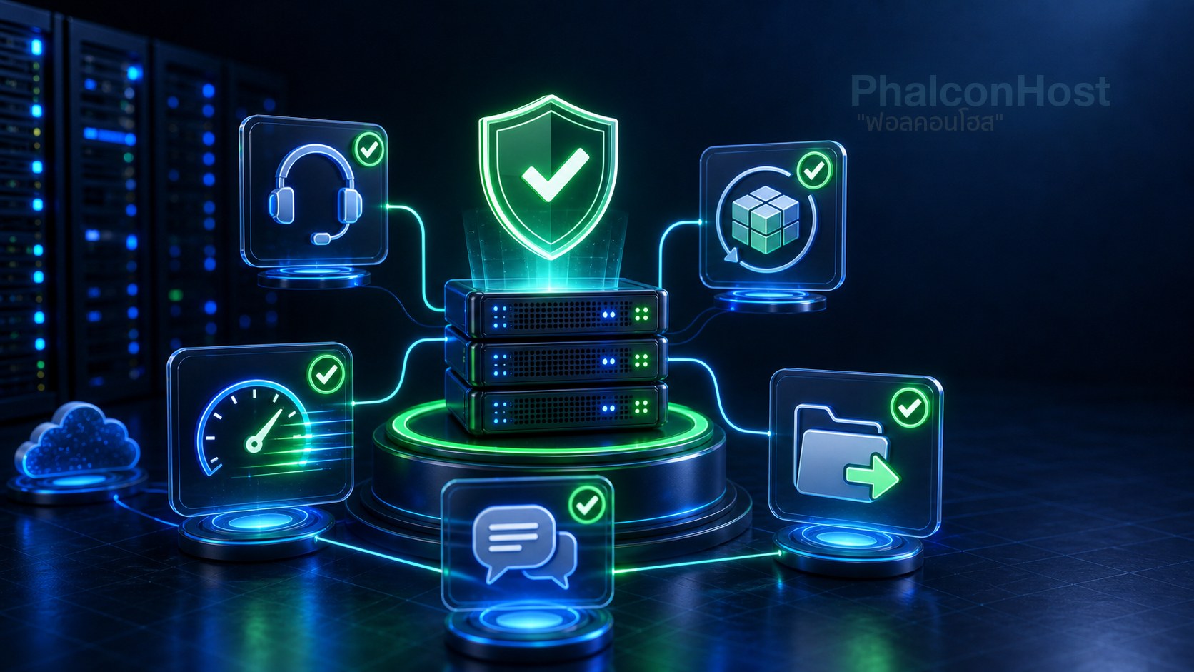 ภาพเซิร์ฟเวอร์ที่ผ่านการตรวจเกณฑ์ด้วยไอคอน support backup ความเร็ว และการย้ายข้อมูล