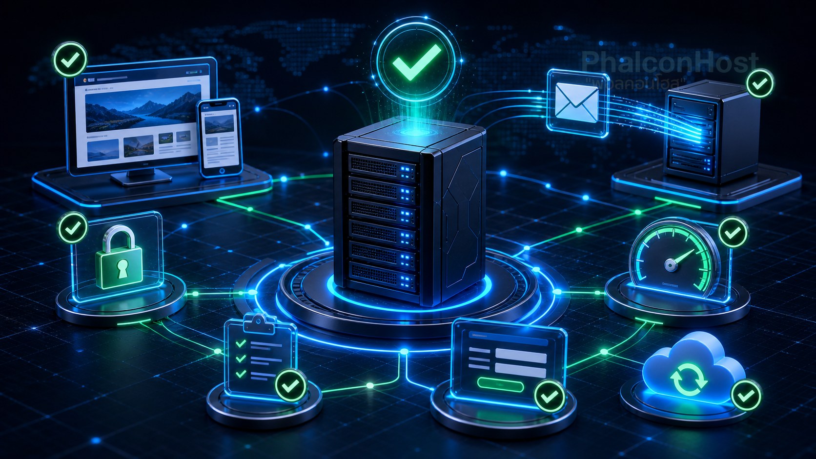 ภาพแดชบอร์ดตรวจวันแรกหลังเว็บออนไลน์ มีเว็บไซต์ อีเมล SSL ฟอร์ม ความเร็ว และ backup เป็นสถานะสีเขียว