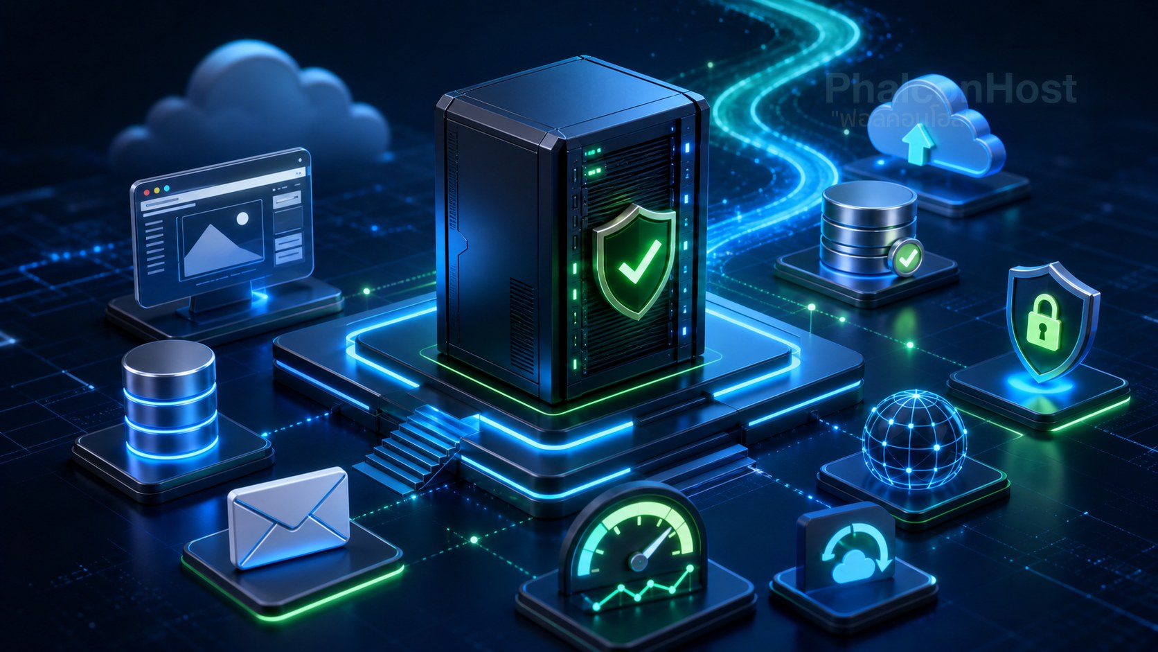 ภาพเว็บไซต์ที่ย้ายมาโฮสต์ใหม่เรียบร้อย มี shield และองค์ประกอบเว็บ อีเมล SSL DNS backup จัดเป็นระเบียบ