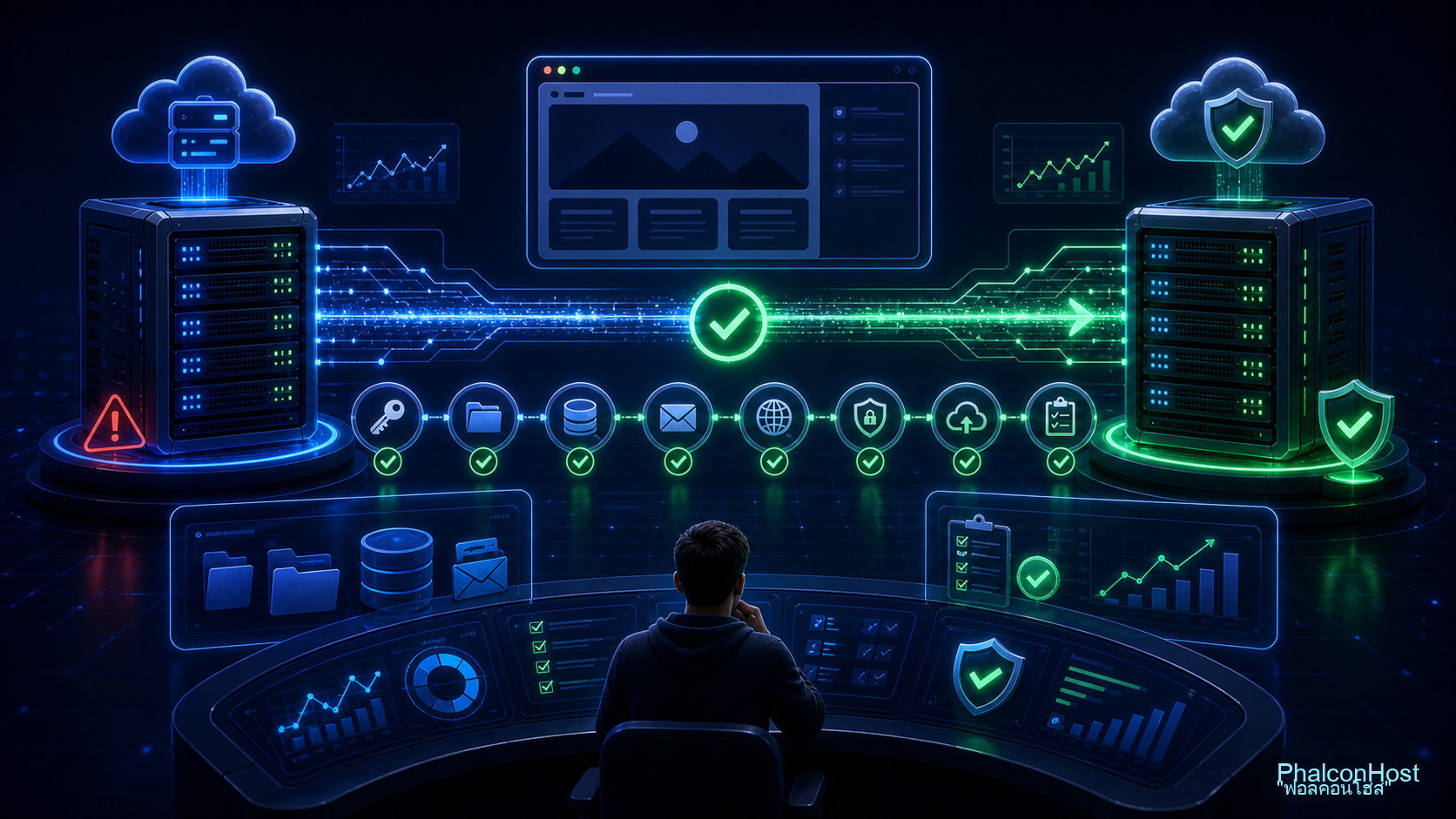 ภาพสรุปการย้ายโฮสต์ที่ควบคุมได้เมื่อเตรียม access ไฟล์ ฐานข้อมูล อีเมล DNS SSL backup และเช็กหลังย้ายครบ