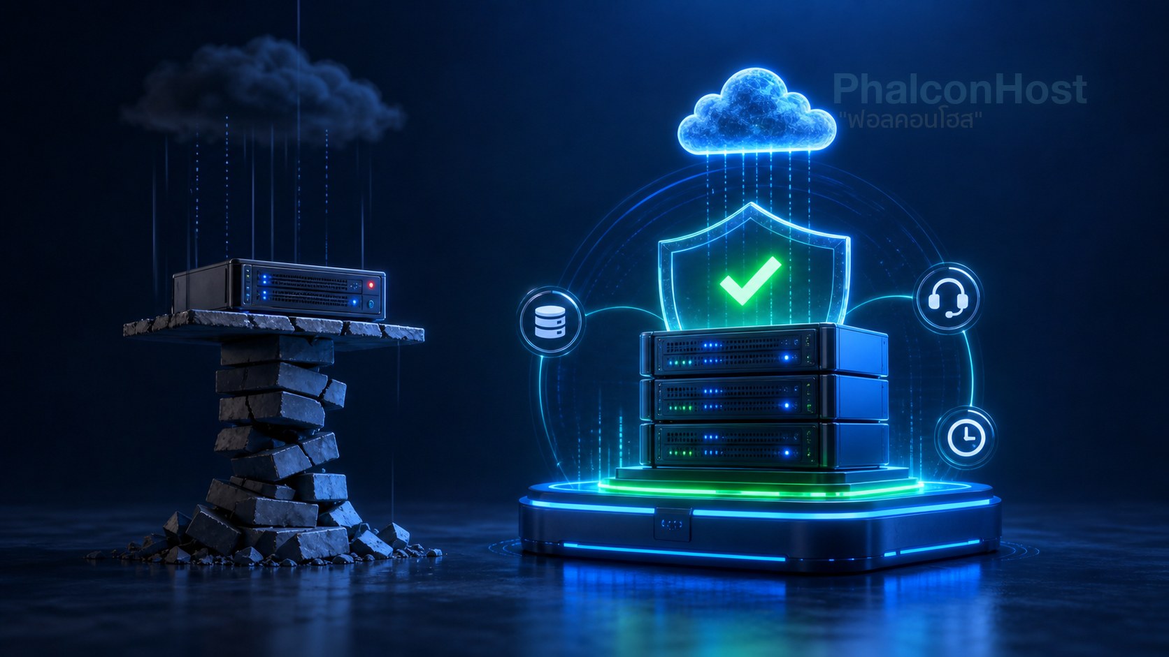 ภาพเปรียบเทียบโฮสต์ราคาถูกที่เปราะบางกับระบบโฮสติ้งที่มีการดูแลและ backup