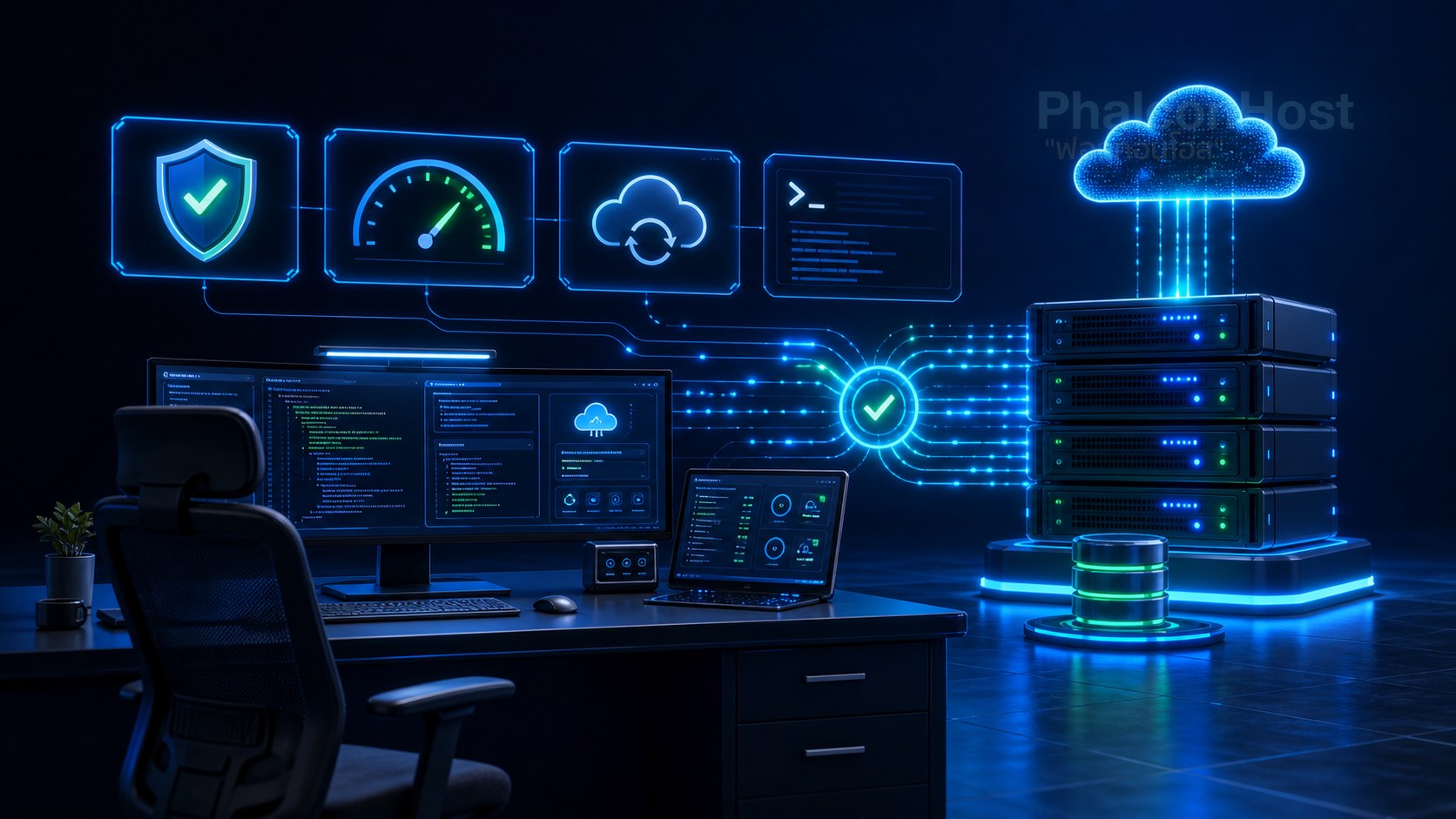 ภาพคอนโซลนักพัฒนาเชื่อมกับเซิร์ฟเวอร์และระบบตรวจสอบเพื่อสื่อแนวคิด Dev ดูแล Dev