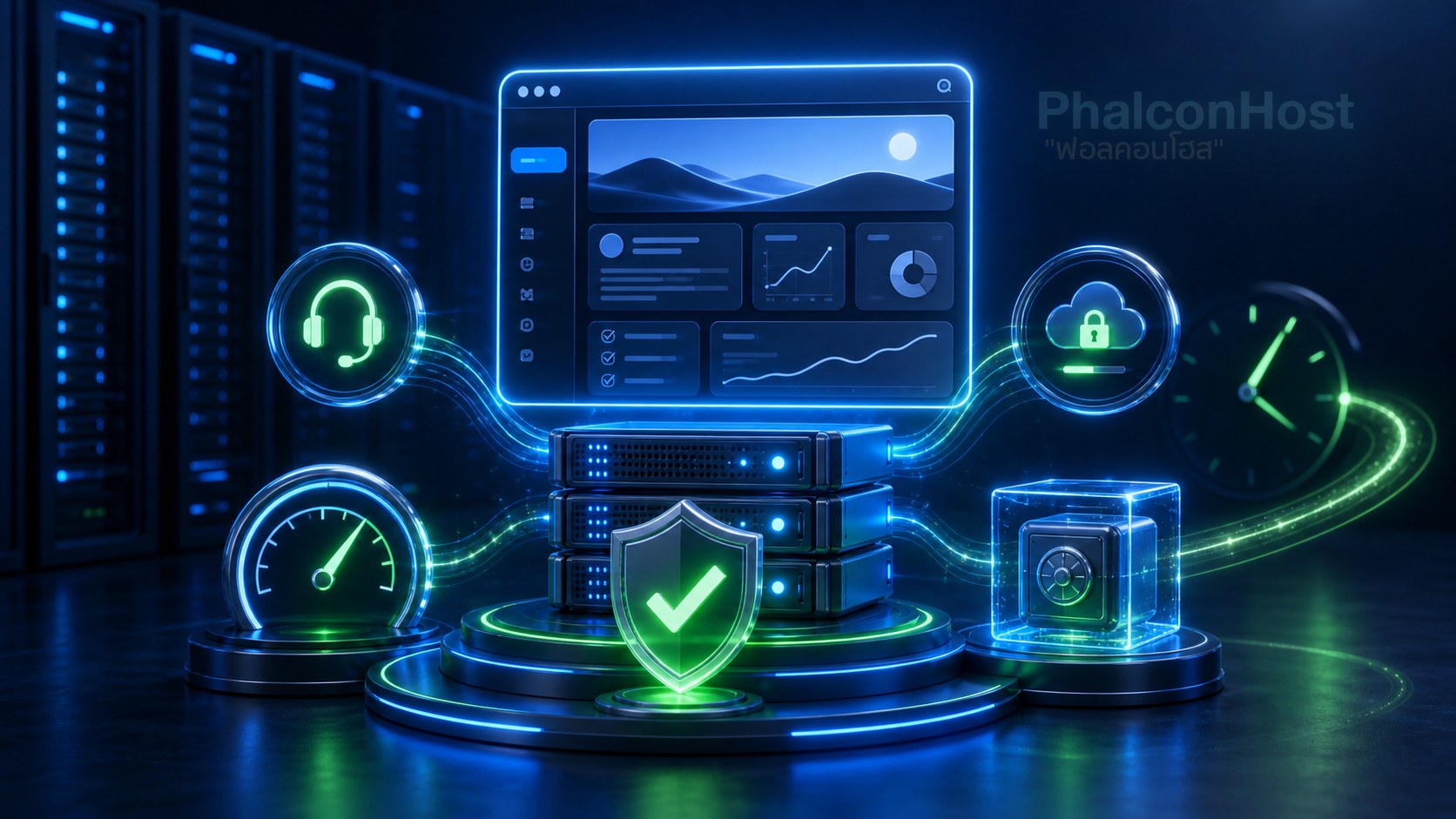 ภาพเว็บไซต์ที่มีโล่ backup ความเร็ว และสัญญาณ uptime รอบเซิร์ฟเวอร์