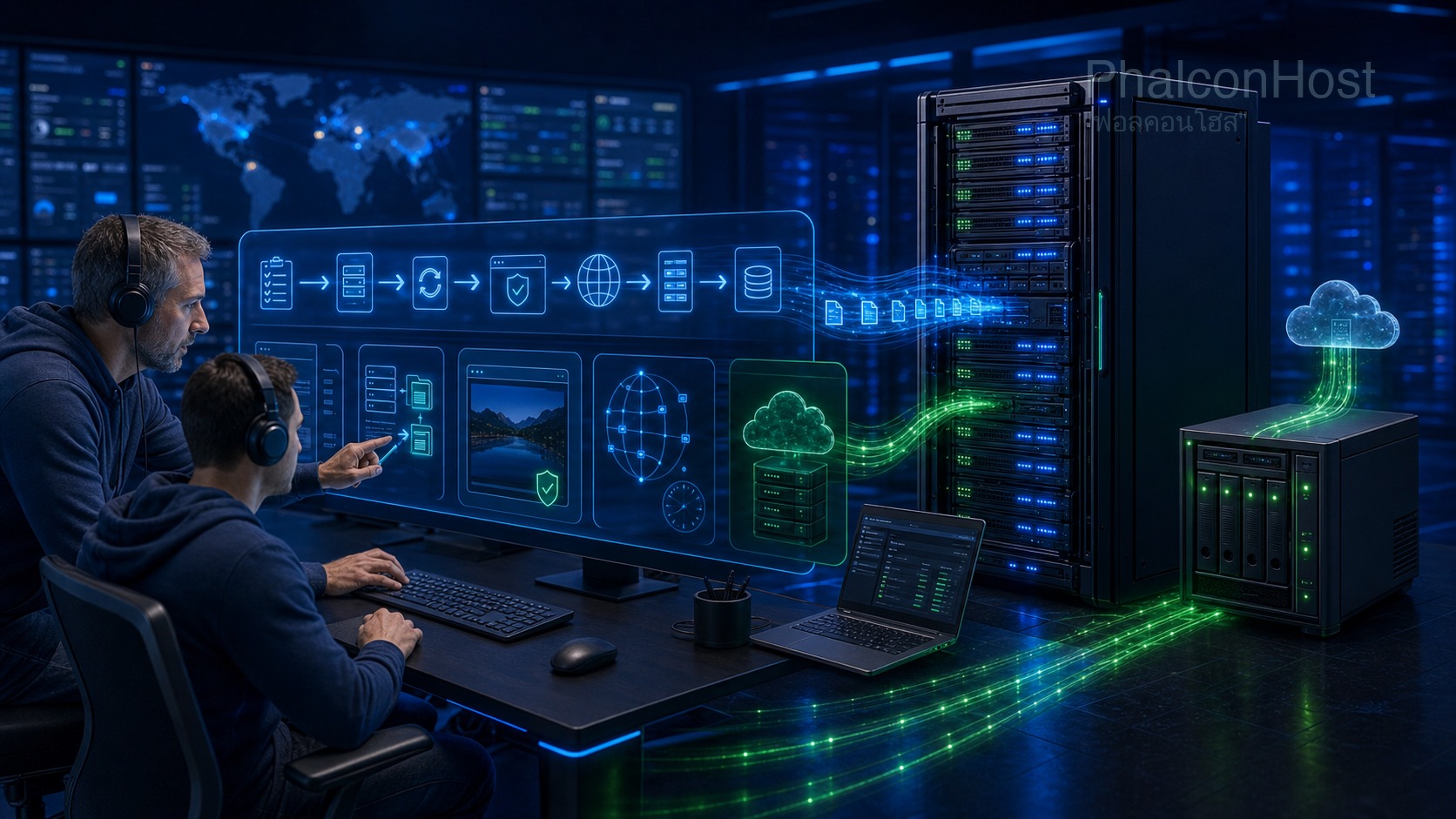 ภาพทีม PhalconHost ช่วยลูกค้าวางแผน sync ทดสอบ DNS และสำรองข้อมูลระหว่างย้ายเว็บไซต์เข้าสู่เซิร์ฟเวอร์ใหม่