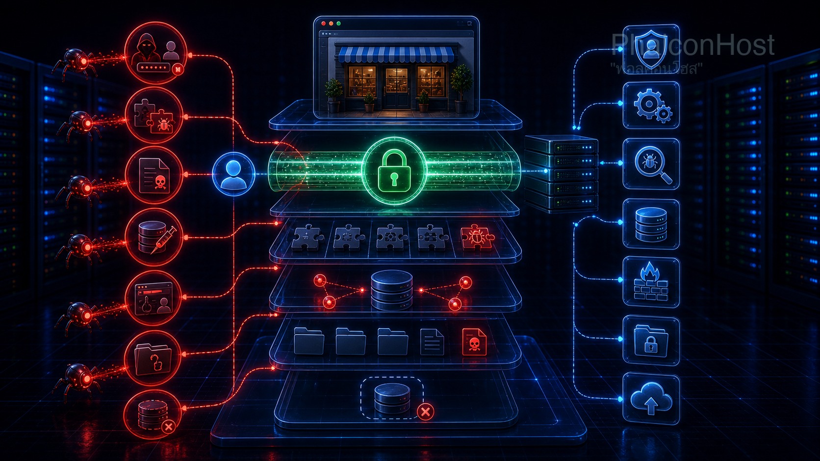 ภาพอธิบายสิ่งที่ SSL ไม่ได้กัน เช่น malware ช่องโหว่เว็บ รหัสผ่านรั่ว และไฟล์หลังบ้าน