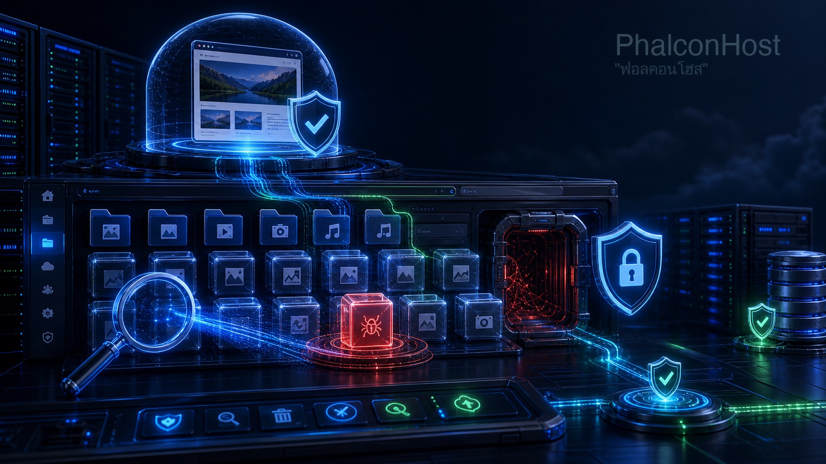 ภาพประกอบบทความ เจอไฟล์ .php ชื่อมั่วๆ ในโฟลเดอร์ uploads ที่ไม่ได้สร้างเอง? — web shell ประตูลับที่แฮกเกอร์ทิ้งไว้ (ลบไฟล์เดียวไม่จบ) ในหมวด Website Security ตามสไตล์ภาพ 3D premium ของ PhalconHost