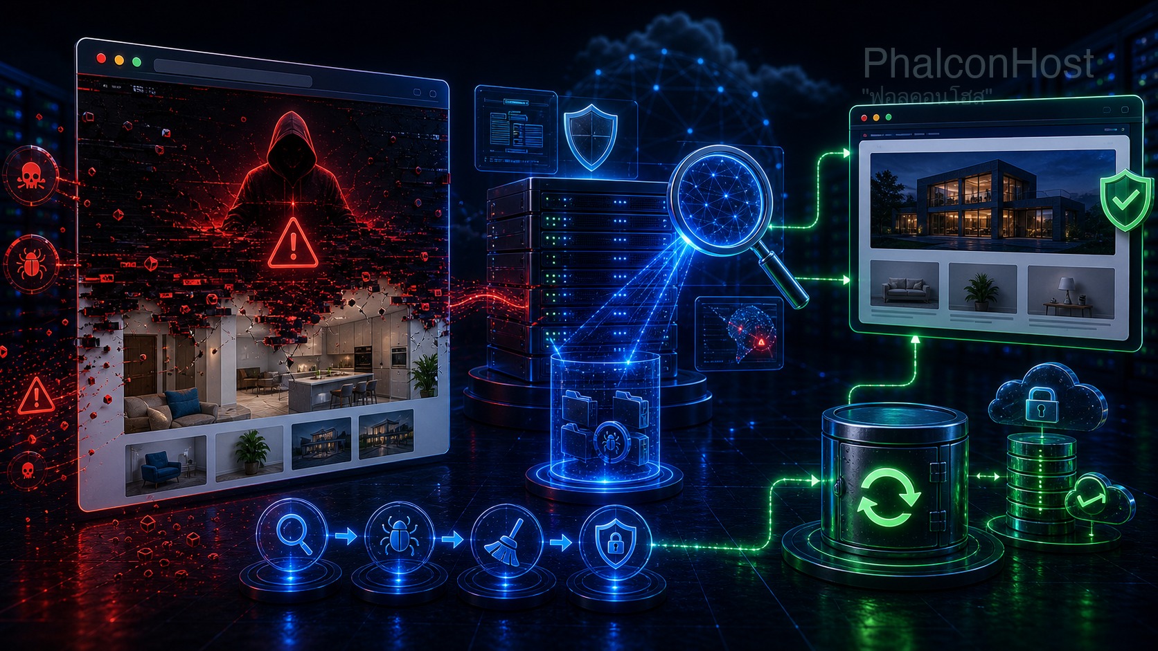 ภาพประกอบบทความ เว็บโดนแก้หน้าแรกเป็นพื้นดำ ขึ้น 'Hacked by ...' — ตอนนี้ต้องทำอะไรก่อน (กู้ได้ ใจเย็น) ในหมวด Website Security ตามสไตล์ภาพ 3D premium ของ PhalconHost