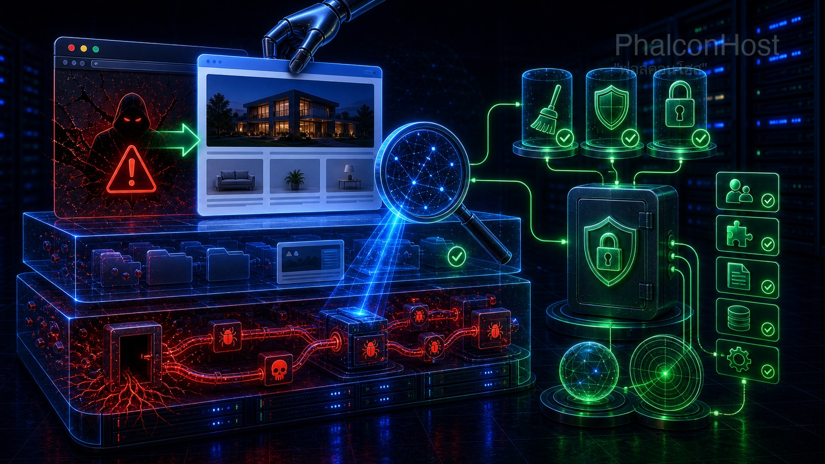 ภาพเว็บไซต์กลับมาทำงานพร้อมการตรวจ backdoor และเช็กลิสต์การอุดช่องหลายชั้นโดยผู้ดูแล