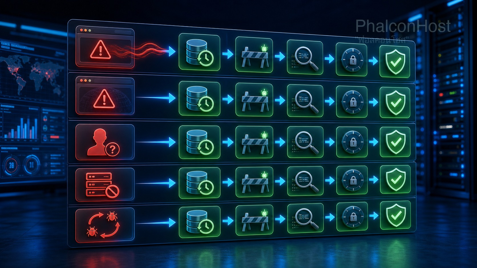 ภาพชั้นป้องกันหลังเว็บกลับมาใช้งาน เช่น hardening, 2FA, monitoring และ firewall