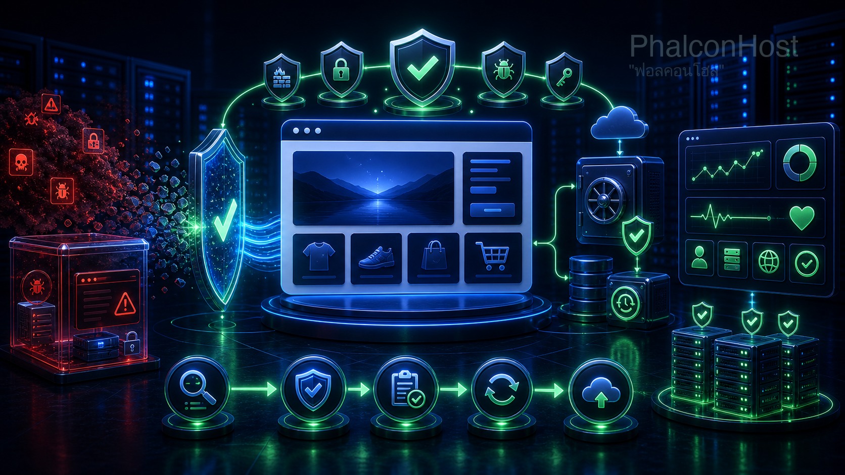 ภาพเว็บที่กู้จากมัลแวร์แล้วมี backup monitoring และชั้นป้องกันพร้อมใช้งาน