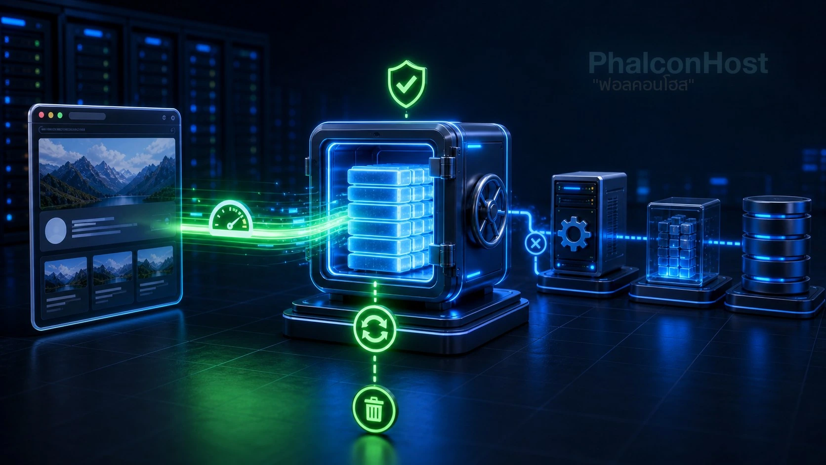 ภาพอธิบาย server-level cache ที่ส่งหน้าพร้อมใช้งานกลับไปโดยไม่ต้องเรียก PHP และฐานข้อมูลทุกครั้ง